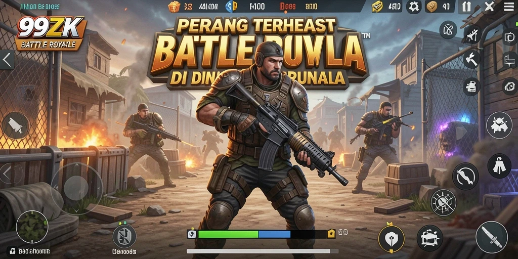 Screenshot utama 99ZK menampilkan pemain bertempur di peta Battle Royale yang luas.