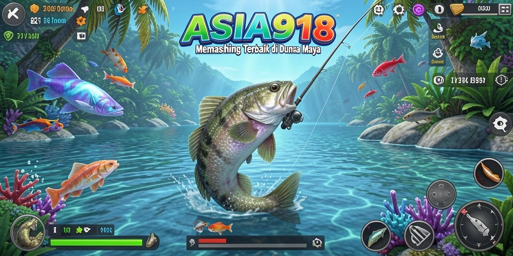 Screenshot ASIA918 menunjukkan pemain tengah menangkap ikan besar di danau.