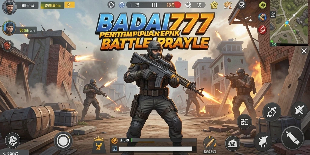 Tangkapan layar utama BADAI777 menampilkan aksi seru di medan perang Battle Royale.