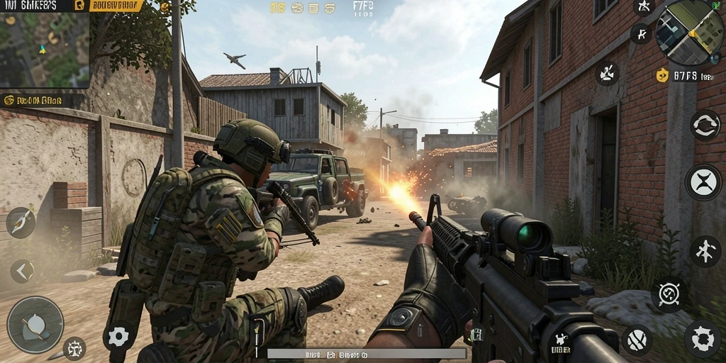 Tampilan gameplay seru dalam F7F7 dengan aksi tembak-menembak yang intens.