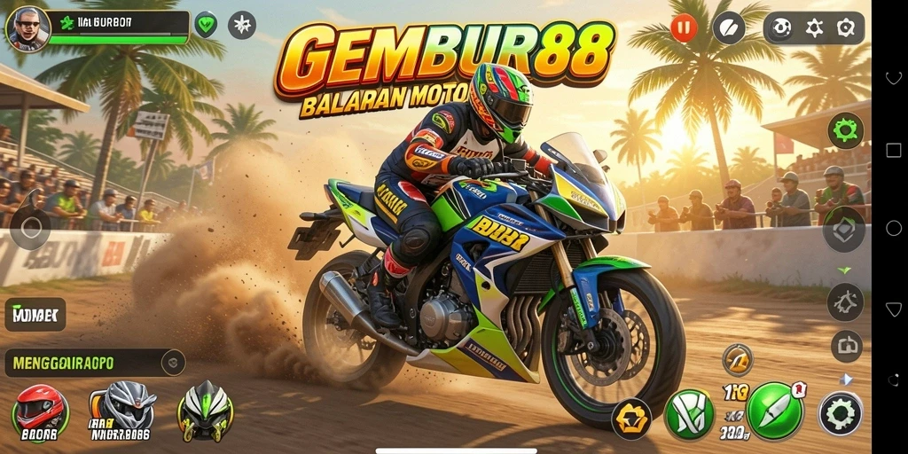 Screenshot utama GEMBUR88 menampilkan aksi balapan motor yang mendebarkan.