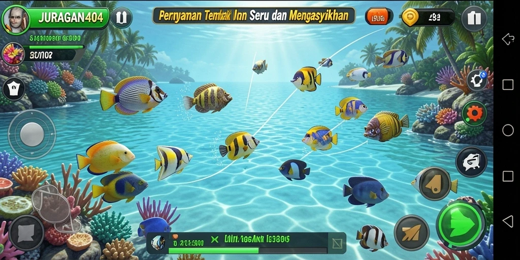 Tampilan gameplay JURAGAN404 yang menampilkan aksi tembak ikan seru.