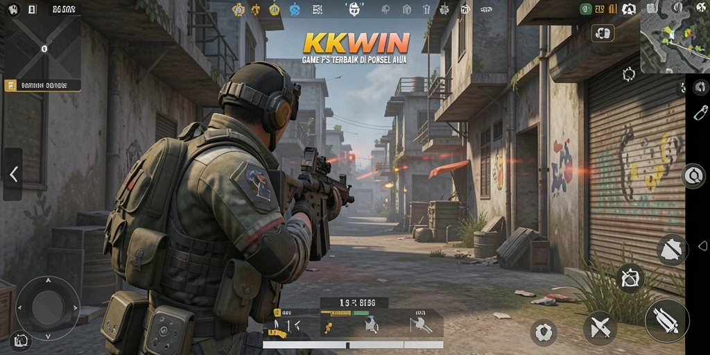Tampilan gameplay mendebarkan dalam KKWIN, penuh aksi FPS.