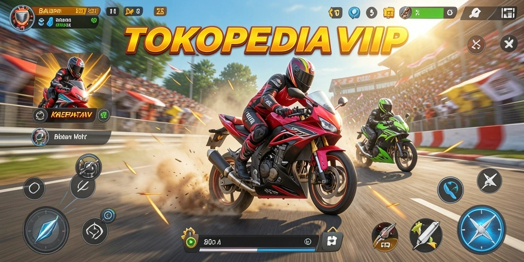 Gameplay seru balapan motor di TOKOPEDIAVIP dengan lintasan yang mendebarkan.