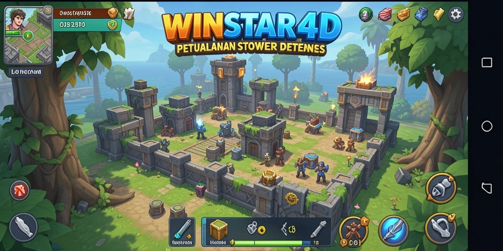 Tampilan gameplay WINSTAR4D yang menampilkan menara pertahanan melawan gelombang musuh.